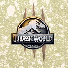Jurassic World XXL Party-Set Dinosaurier Party-Deko 46-Teile T-Rex Geburtstag Saurier Lizenz-Party-Zubehör gedeckter Tisch Tisch-Deko Mottoparty Kindergeburtstag Geburtstag Jurassic World Serviette in Hellgrün mit großem Logo und Dino-Krallenmotiv im Hintergrund.