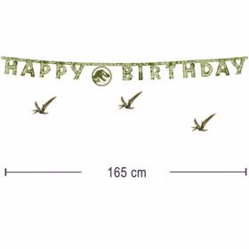 Jurassic World XXL Party-Set Dinosaurier Party-Deko 46-Teile T-Rex Geburtstag Saurier Lizenz-Party-Zubehör gedeckter Tisch Tisch-Deko Mottoparty Kindergeburtstag Geburtstag Jurassic World Happy Birthday Banner in Grün mit Dino-Motiven und einer Länge von 165 cm.