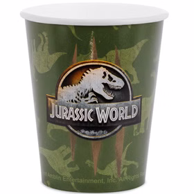Jurassic World XXL Party-Set Dinosaurier Party-Deko 46-Teile T-Rex Geburtstag Saurier Lizenz-Party-Zubehör gedeckter Tisch Tisch-Deko Mottoparty Kindergeburtstag Geburtstag Grüner Jurassic World Pappbecher mit Logo und Dinosaurier-Motiven auf weißem Hintergrund.