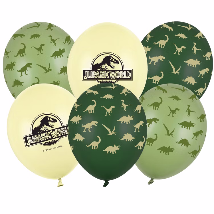 Jurassic World XXL Party-Set Dinosaurier Party-Deko 46-Teile T-Rex Geburtstag Saurier Lizenz-Party-Zubehör gedeckter Tisch Tisch-Deko Mottoparty Kindergeburtstag Geburtstag Sechs Jurassic World Luftballons in verschiedenen Grüntönen mit Dino-Motiven und Logo.