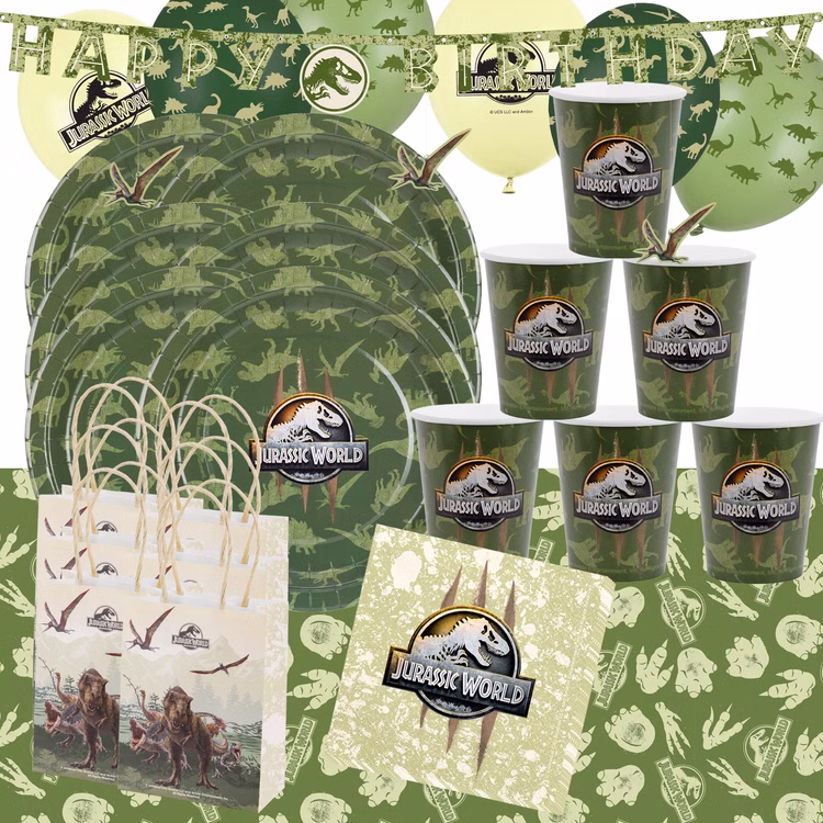 Jurassic World XXL Party-Set Dinosaurier Party-Deko 46-Teile T-Rex Geburtstag Saurier Lizenz-Party-Zubehör gedeckter Tisch Tisch-Deko Mottoparty Kindergeburtstag Geburtstag Jurassic World Party-Set in Grün mit Dino-Motiven, bestehend aus Banner, Tischdecke, Tellern, Bechern, Ballons und Tüten