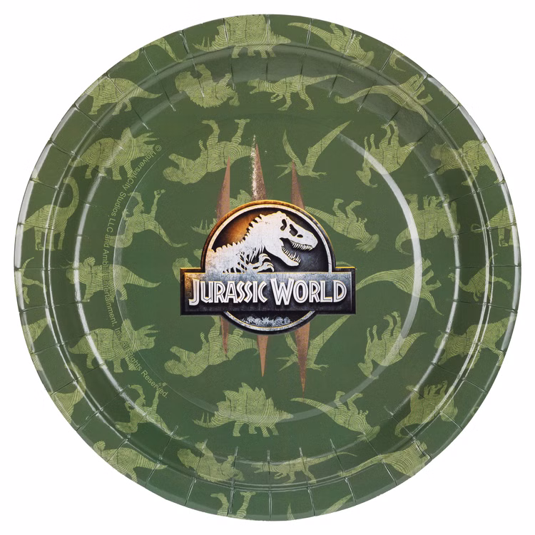 Jurassic World XXL Party-Set Dinosaurier Party-Deko 46-Teile T-Rex Geburtstag Saurier Lizenz-Party-Zubehör gedeckter Tisch Tisch-Deko Mottoparty Kindergeburtstag Geburtstag Grüner Jurassic World Pappteller mit Dino-Mustern und großem Logo in der Mitte auf hellem Hintergrund.