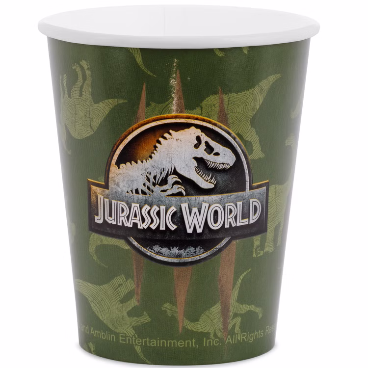 Jurassic World XXL Party-Set Dinosaurier Party-Deko 46-Teile T-Rex Geburtstag Saurier Lizenz-Party-Zubehör gedeckter Tisch Tisch-Deko Mottoparty Kindergeburtstag Geburtstag Grüner Jurassic World Pappbecher mit Logo und Dinosaurier-Motiven auf weißem Hintergrund.