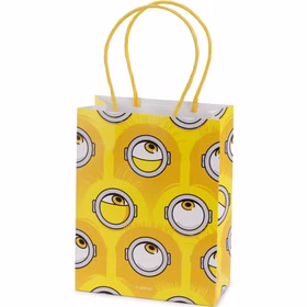 Minions XXL Party Set Mitgebseltüte Gelbe Minions Mitgebseltüte aus Papier mit Augen-Motiv und gelben Tragekordeln für kleine Geschenke beim Kindergeburtstag.