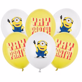 Minions Luftballons 6 Stück Yay Party Sechs gelbe und weiße Minions Luftballons mit Figurenmotiven und farbigem Yay-Party-Schriftzug für den Kindergeburtstag.