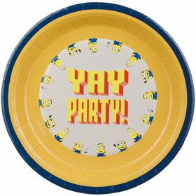 Minions Yay Party Pappteller 23 cm Gelber Minions Pappteller mit dunkelblauem Rand, Yay-Party-Schriftzug und kleinen Figuren rund um die Tellermitte.