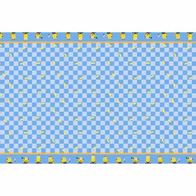 Blau karierte Minions Papiertischdecke mit kleinen Bananen und Figurenbordüren für die Dekoration einer Geburtstagstafel.