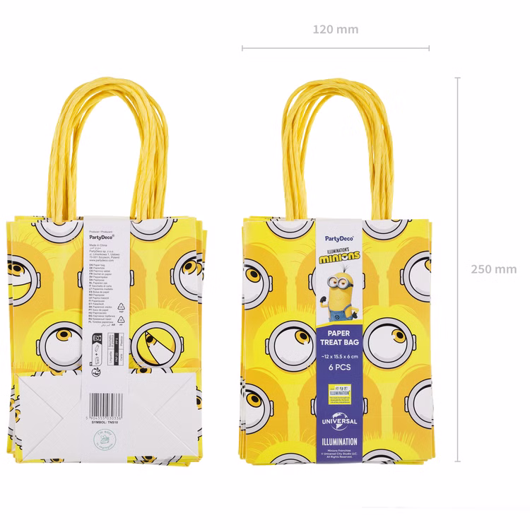 Minions Mitgebseltüten Maße Verpackung Verpackungsansicht der sechs Minions Mitgebseltüten aus Papier mit gelben Tragegriffen sowie Angaben zu Breite und Gesamthöhe.