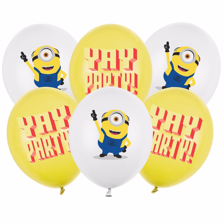 Minions Luftballons 6 Stück Yay Party Sechs gelbe und weiße Minions Luftballons mit Figurenmotiven und farbigem Yay-Party-Schriftzug für den Kindergeburtstag.