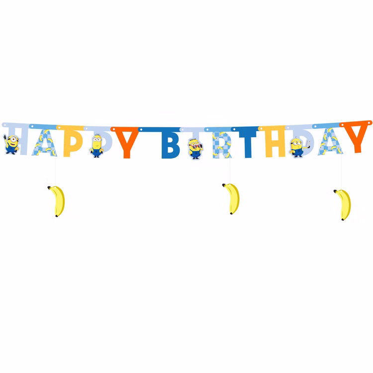 Minions Happy Birthday Banner Bunter Minions Happy-Birthday-Banner mit verschieden gestalteten Buchstaben, Figuren und drei herabhängenden Bananen.