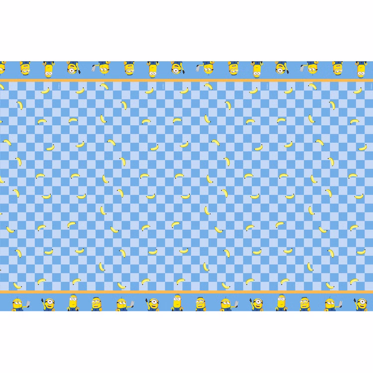 Minions Tischdecke 180 x 120 cm Blau karierte Minions Papiertischdecke mit kleinen Bananen und Figurenbordüren für die Dekoration einer Geburtstagstafel.