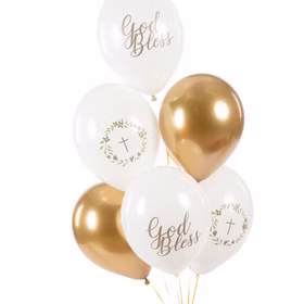 Kommunion Luftballons 6 Stück God Bless Party-Deko Jugendweihe Konformation Kommunionsfeier Party-Zubehör Taufe Firmung schwebende Dekoration Detailansicht der Kommunion-Ballons mit goldener Schrift „God Bless“ und floralen Kreuzmotiven in Weiß und Gold.