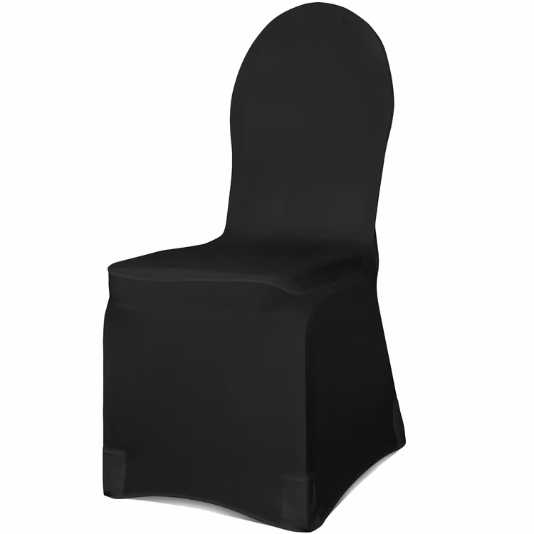 Stuhlhusse Schwarz Matt für Geburtstag Event Party-Zubehör Trauerfeier Beerdigung Halloween Event Jubiläum überzogener Stuhl Vorderansicht: Schwarze Stuhlhusse aus mattem, elastischem Stoff, straff über einen Stuhl mit runder Rückenlehne gezogen, elegante und faltenarme Passform.