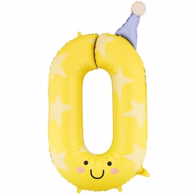 Folienballon-Set Zahlen 0 bis 9 Pastellfarben niedliche Geburtstags-Deko für Kinder schwebende Dekoration Geburtstag Kindergeburtstag Party-Deko Deko-Zubehör Mottoparty Ballon Zahlen-Ballons Gelber Folienballon in Form der Zahl 0 mit Sternenmuster, lächelndem Gesicht und Partyhut vor neutralem Hintergrund.