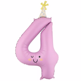 Folienballon-Set Zahlen 0 bis 9 Pastellfarben niedliche Geburtstags-Deko für Kinder schwebende Dekoration Geburtstag Kindergeburtstag Party-Deko Deko-Zubehör Mottoparty Ballon Zahlen-Ballons Rosa Folienballon in Form der Zahl 4 mit freundlichem Gesicht und Partyhut, freigestellt vor weißem Hintergrund.