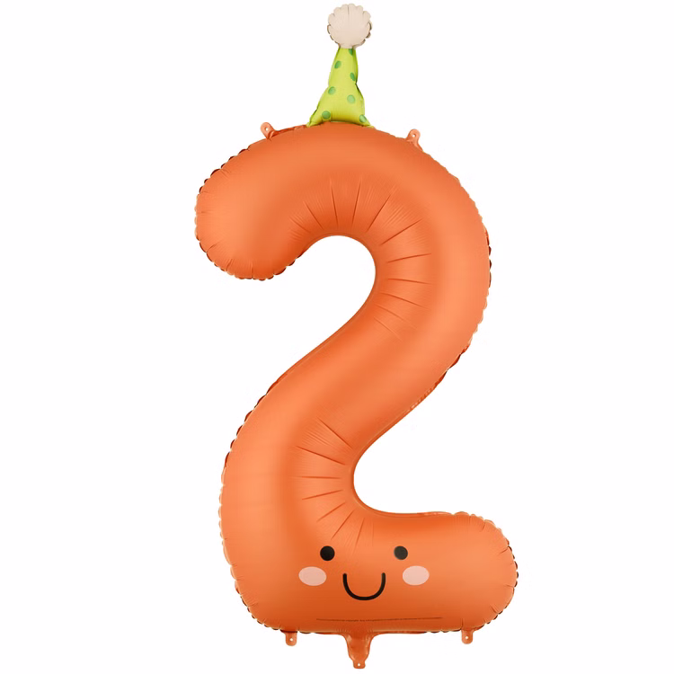 Folienballon-Set Zahlen 0 bis 9 Pastellfarben niedliche Geburtstags-Deko für Kinder schwebende Dekoration Geburtstag Kindergeburtstag Party-Deko Deko-Zubehör Mottoparty Ballon Zahlen-Ballons Oranger Folienballon in Form der Zahl 2 mit lachendem Gesicht und Partyhut, vor weißem Hintergrund dargestellt.