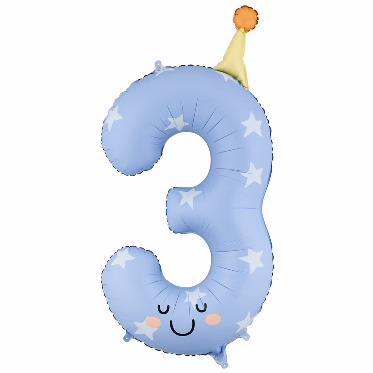 Folienballon-Set Zahlen 0 bis 9 Pastellfarben niedliche Geburtstags-Deko für Kinder schwebende Dekoration Geburtstag Kindergeburtstag Party-Deko Deko-Zubehör Mottoparty Ballon Zahlen-Ballons Hellblauer Folienballon in Form der Zahl 3 mit Sternenmuster, geschlossenen Augen und Partyhut vor neutralem Hintergrund.
