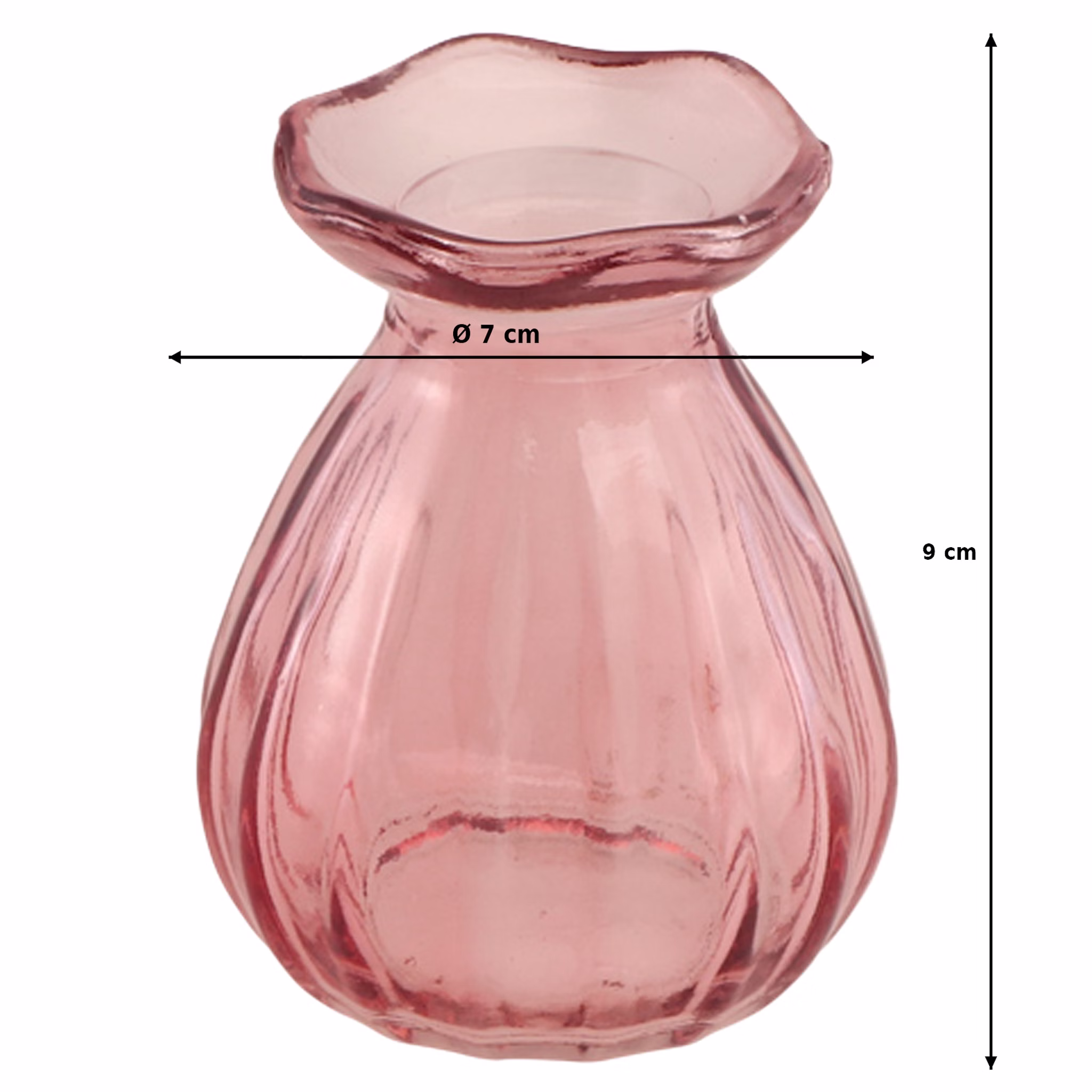 Mini Glasvase Corolle 7 x 9 cm kleine Blumenvase Tisch-Deko Hochzeit Geburtstag Sommerfest Gartenparty Vase klein Deko-Zubehör gedeckter Tisch Mini Glasvase Corolle 7 x 9 cm rosa mit Maßangaben, kleine Blumenvase Ø 7 cm Höhe 9 cm.