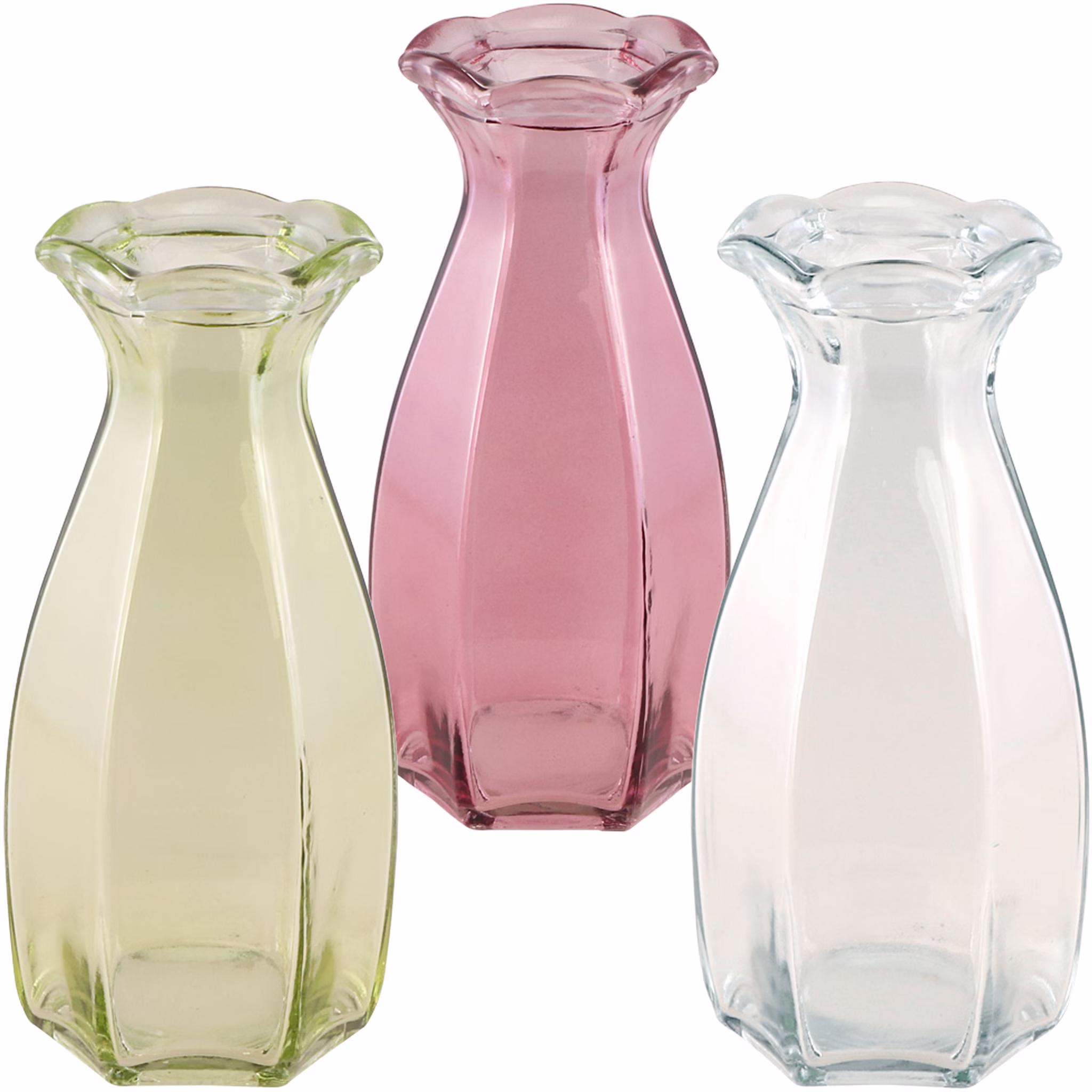 Glasvase Corolle 20 cm elegante Blumenvase Vintage Tisch-Deko Hochzeit Geburtstag Vase aus Glas festliche Tischdeko Wohnaccessoire Glasvase dekorativ Glasvase Corolle in den Farben Grün, Rosa und Transparent im direkten Vergleich auf weißem Hintergrund.