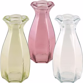 Glasvase Corolle 20 cm elegante Blumenvase Vintage Tisch-Deko Hochzeit Geburtstag Vase aus Glas festliche Tischdeko Wohnaccessoire Glasvase dekorativ Glasvase Corolle in den Farben Grün, Rosa und Transparent im direkten Vergleich auf weißem Hintergrund.