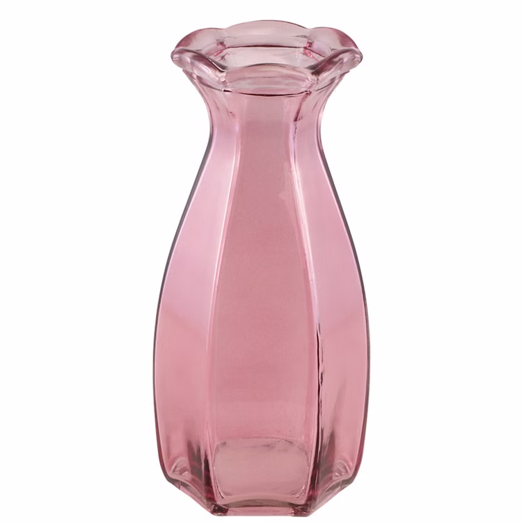 Glasvase Corolle 20 cm elegante Blumenvase Vintage Tisch-Deko Hochzeit Geburtstag Vase aus Glas festliche Tischdeko Wohnaccessoire Glasvase dekorativ Rosa Glasvase Corolle mit schlanker Form und gewelltem Rand auf hellem Hintergrund.