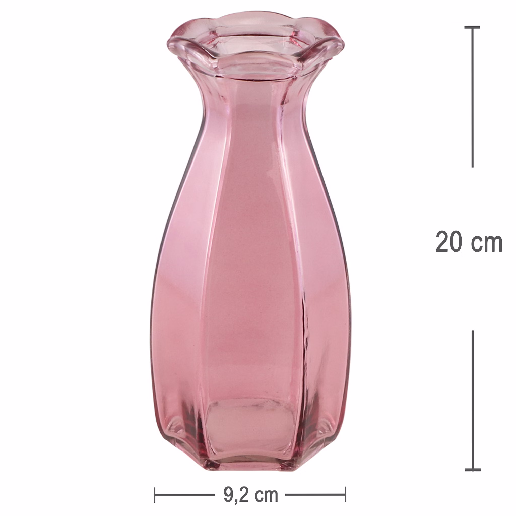 Glasvasen Set „Corolle“ 2er – Mini & große Blumenvase Tisch-Deko Rosa Grün Transparent Blumenvasen gedeckter Tisch Familienfest Hochzeit Geburtstag Jubiläum Kommunion Möbel & Wohnen Accessoires Große rosafarbene Glas-Blumenvase mit Maßangaben – elegante Vase mit schmalem Hals und gewelltem Rand.