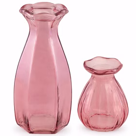 Glasvasen Set „Corolle“ 2er – Mini & große Blumenvase Tisch-Deko Rosa Grün Transparent Blumenvasen gedeckter Tisch Familienfest Hochzeit Geburtstag Jubiläum Kommunion Möbel & Wohnen Accessoires Zwei rosafarbene Glasvasen im Set – große Blumenvase und kleine Mini-Vase mit gewelltem Rand vor neutralem Hintergrund.
