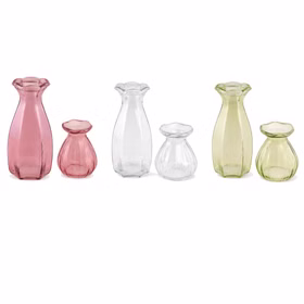 Glasvasen Set „Corolle“ 2er – Mini & große Blumenvase Tisch-Deko Rosa Grün Transparent Blumenvasen gedeckter Tisch Familienfest Hochzeit Geburtstag Jubiläum Kommunion Möbel & Wohnen Accessoires Glasvasen Set „Corolle“ in drei Farben – rosa, transparent und grün – jeweils als große und kleine Vase im Vergleich.