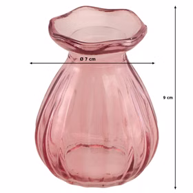 Glasvasen Set „Corolle“ 2er – Mini & große Blumenvase Tisch-Deko Rosa Grün Transparent Blumenvasen gedeckter Tisch Familienfest Hochzeit Geburtstag Jubiläum Kommunion Möbel & Wohnen Accessoires Kleine rosafarbene Mini-Glasvase mit Maßangaben – kompakte Tischvase mit gewelltem Rand und dekorativer Struktur.