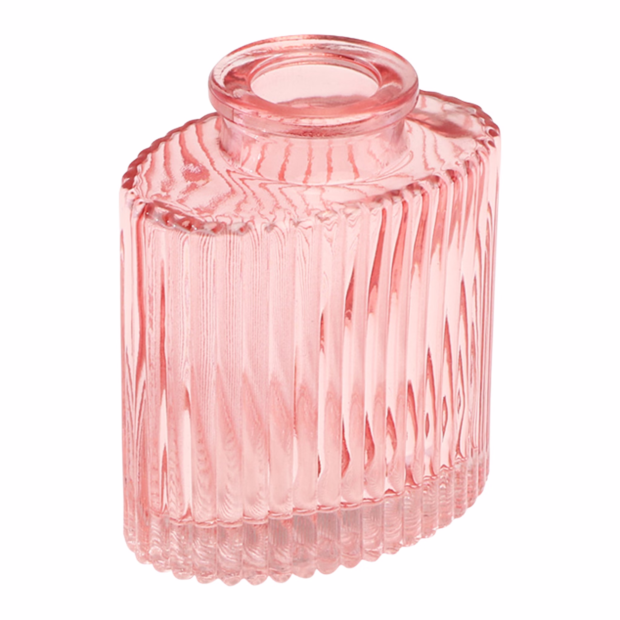Mini Glasvase „Helios“ 8 cm hoch Tisch-Deko Vase Vintage Tisch-Deko Hochzeit Geburtstag Vase aus Glas festliche Tischdeko Wohnaccessoire Glasvase dekorativ Mini-Glasvase „Helios“ in Rosa mit geriffelter Oberfläche, rechteckiger Form und kleiner Öffnung auf hellem Hintergrund.