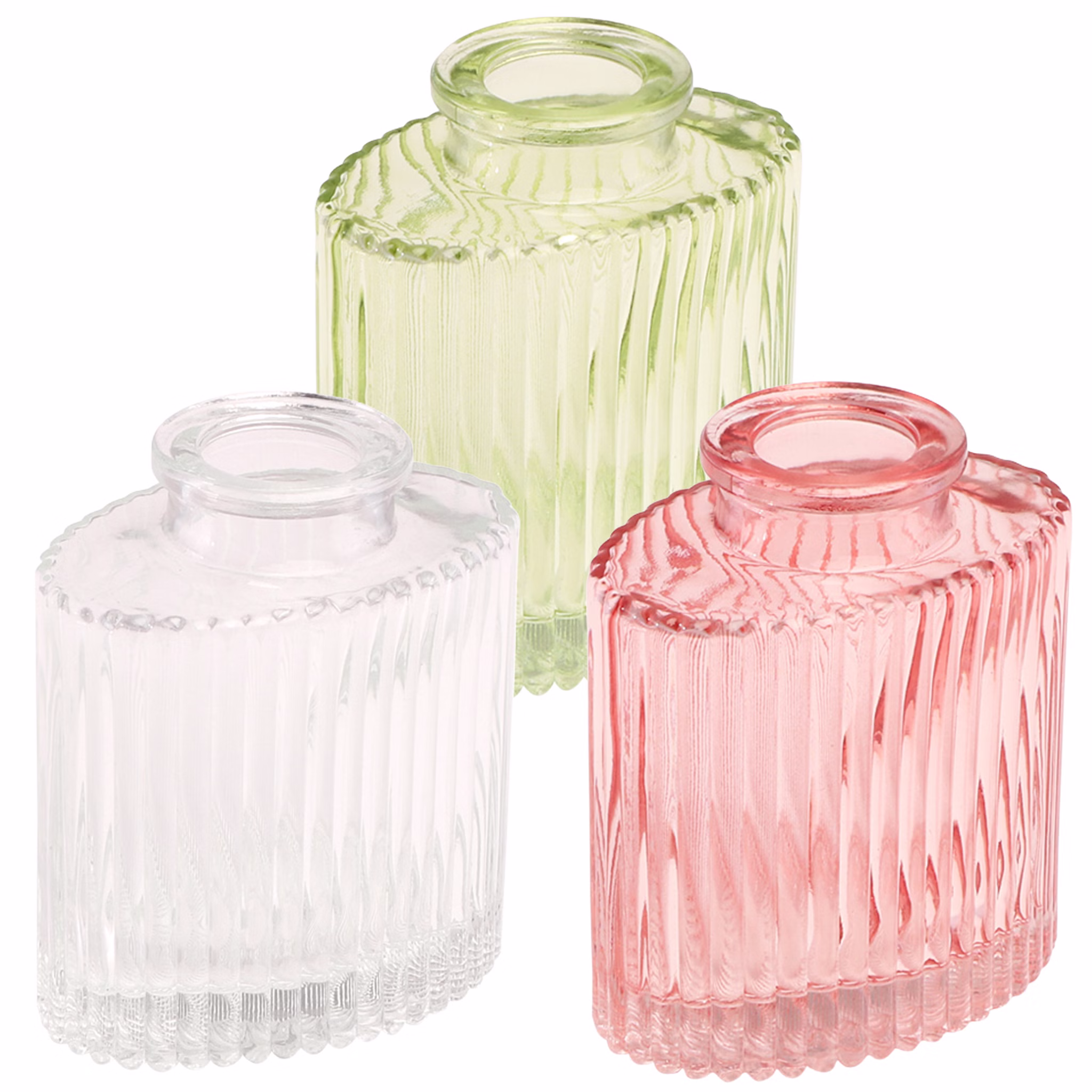 Mini Glasvasen-Set 3er Rosa grün Klar Tisch-Deko Hochzeit Geburtstag gedeckter Tisch Familienfeier Festtafel Kommunion Jubiläum Möbel & Wohnen Accessoires Die drei Glasvasen nebeneinander platziert, zeigen unterschiedliche Farben im dekorativen Set.