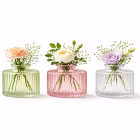 Mini Glasvasen-Set 3er Rosa grün Klar Tisch-Deko Hochzeit Geburtstag gedeckter Tisch Familienfeier Festtafel Kommunion Jubiläum Möbel & Wohnen Accessoires Drei Mini-Glasvasen in Rosa, Grün und Transparent mit geriffelter Oberfläche und unterschiedlicher Form auf hellem Hintergrund.