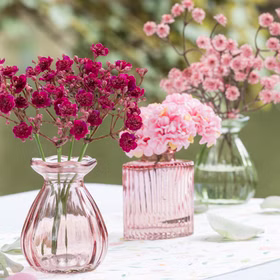 Mini Glasvasen-Set 3er Rosa grün Klar Tisch-Deko Hochzeit Geburtstag gedeckter Tisch Familienfeier Festtafel Kommunion Jubiläum Möbel & Wohnen Accessoires Rosa und transparente Glasvasen mit kleinen Blumenarrangements als verspielte Tischdeko im natürlichen Ambiente.