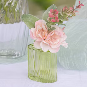 Mini Glasvasen-Set 3er Rosa grün Klar Tisch-Deko Hochzeit Geburtstag gedeckter Tisch Familienfeier Festtafel Kommunion Jubiläum Möbel & Wohnen Accessoires Grüne Mini-Glasvase mit rosa Kunstblüte und Blättern als frische, romantische Tischdekoration.