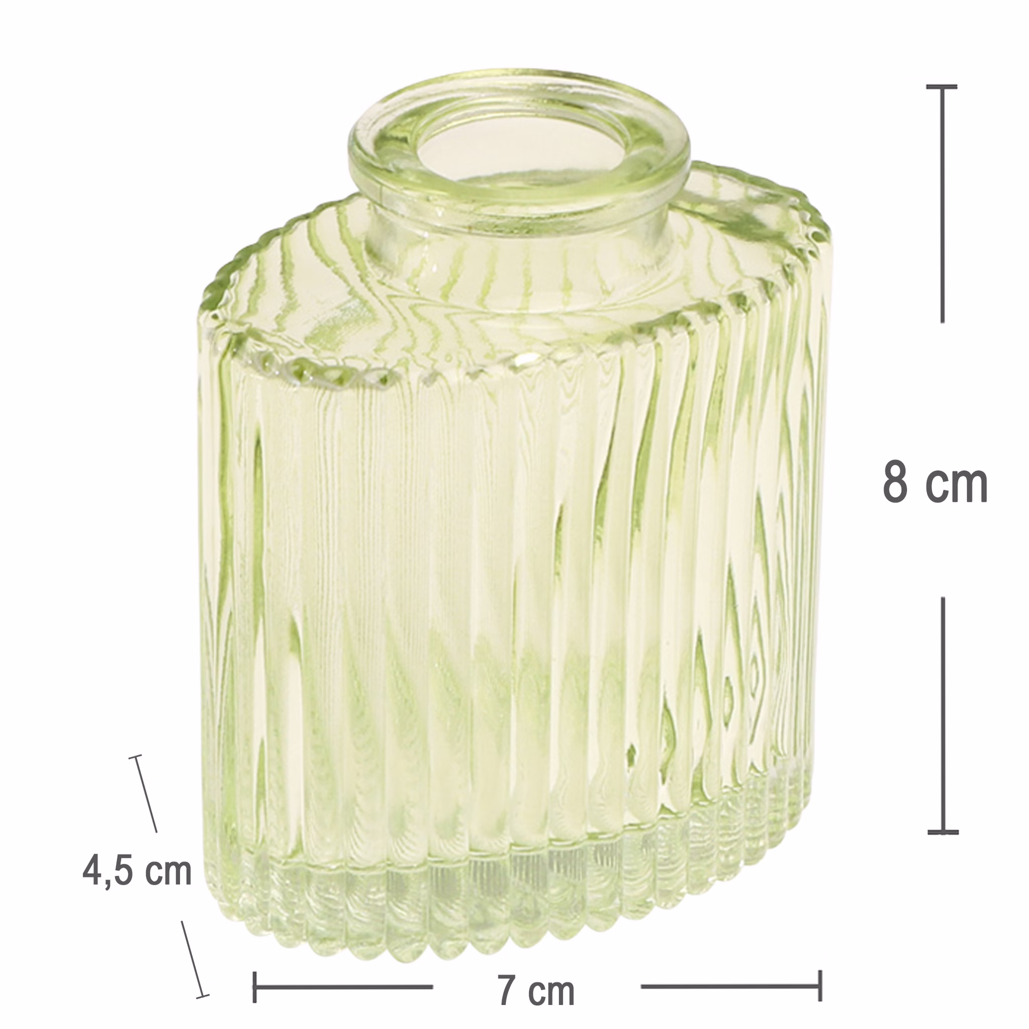 Mini Glasvasen-Set 6er Rosa Grün Klar Tisch-Deko Hochzeit Geburtstag gedeckter Tisch Blumenvase kleine Glasvase Dekoration Events Maßgrafik der grünen Mini-Glasvase mit 7 cm Breite, 4,5 cm Tiefe und 8 cm Höhe.