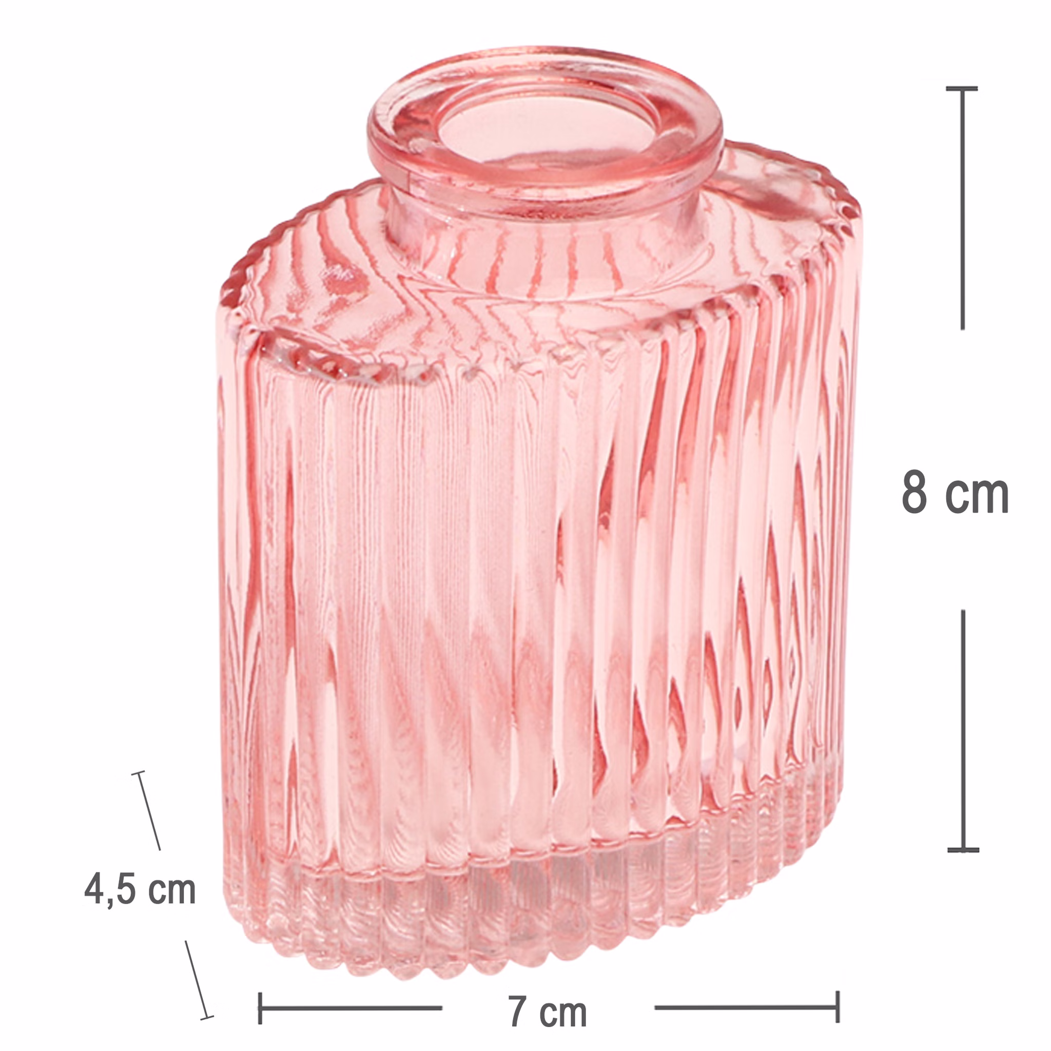 Mini Glasvasen-Set 6er Rosa Grün Klar Tisch-Deko Hochzeit Geburtstag gedeckter Tisch Blumenvase kleine Glasvase Dekoration Events Maßgrafik der rosa Mini-Glasvase mit 7 cm Breite, 4,5 cm Tiefe und 8 cm Höhe.