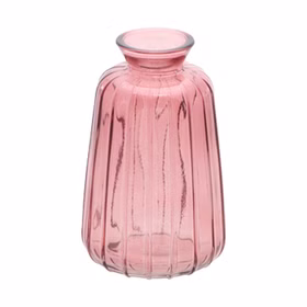 Glasvase Verone 11 cm Vintage Tischvase Rosa Grün Transparent Deko Geburtstag Tisch-Deko Hochzeit Geburtstag Vase aus Glas festliche Tischdeko Wohnaccessoire Glasvase dekorativ Rosa Glasvase Verone mit zarter Transparenz und vertikaler Rillenstruktur, freigestellt auf hellem Hintergrund.