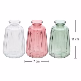 Glasvasen Verone 6er Tischvase Rosa Grün & Transparent Tisch-Deko Hochzeit Geburtstag Vase aus Glas festliche Tischdeko Wohnaccessoire Glasvase dekorativ Glasvasen Verone im Farbmix Rosa, Grün und Transparent mit Maßangabe 7 x 11 cm als Übersicht der Varianten.
