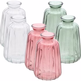 Glasvasen Verone 6er Tischvase Rosa Grün & Transparent Tisch-Deko Hochzeit Geburtstag Vase aus Glas festliche Tischdeko Wohnaccessoire Glasvase dekorativ 6er-Set Glasvasen Verone in Rosa, Grün und Transparent, dekorativ als farblich sortiertes Tischvasen-Set arrangiert.