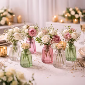 Glasvasen Verone 6er Tischvase Rosa Grün & Transparent Tisch-Deko Hochzeit Geburtstag Vase aus Glas festliche Tischdeko Wohnaccessoire Glasvase dekorativ Mehrere Glasvasen Verone in Rosa, Grün und Transparent als elegante Tischdeko mit Blumen auf festlich gedecktem Tisch.