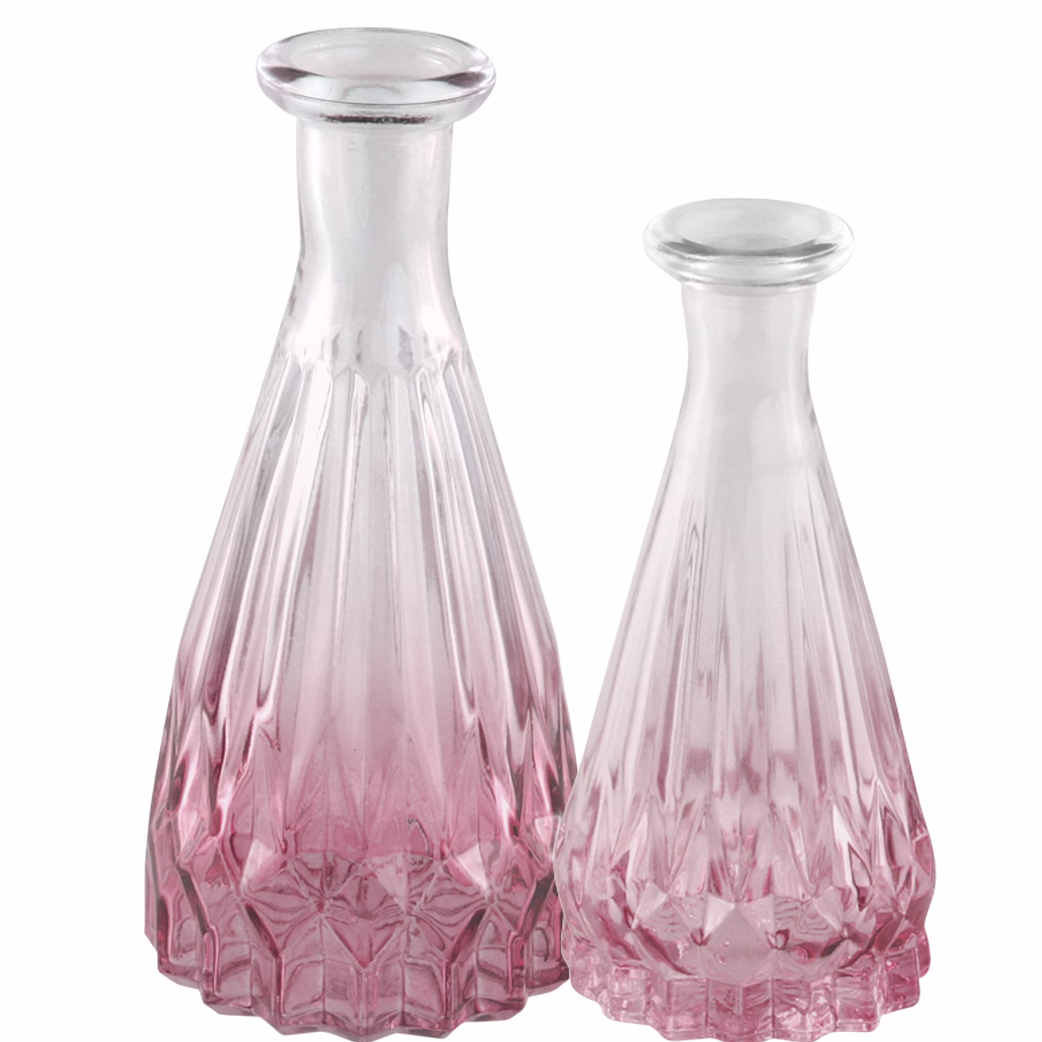 Zwei Glasvasen mit rosa Farbverlauf im Set, eine in 14,5 cm Höhe und eine kleinere in 10,7 cm, vor hellem Hintergrund.