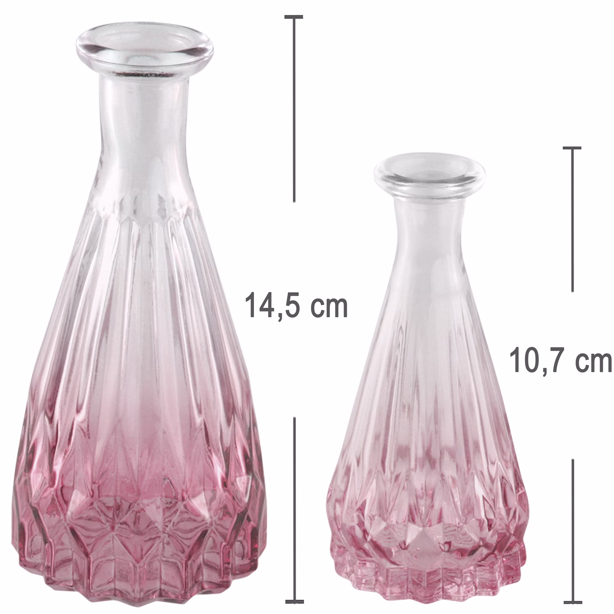 Zwei rosa Glasvasen mit eingezeichneten Maßen: große Vase 14,5 cm hoch, kleine Vase 10,7 cm hoch, dekorativ nebeneinander.