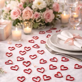 24 Holzherzen Rot 2 cm Streudeko Tischdeko Hochzeit Geburtstag Basteln Bastelbedarf Liebe Valentinstag gedeckter Tisch Bastel-Zubehör Rote Holzherzen als Streudeko auf festlich gedecktem Hochzeitstisch mit Kerzen und Blumen.