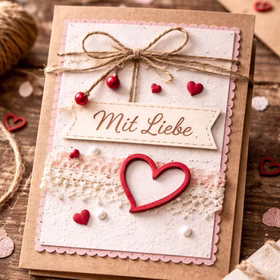 24 Holzherzen Rot 2 cm Streudeko Tischdeko Hochzeit Geburtstag Basteln Bastelbedarf Liebe Valentinstag gedeckter Tisch Bastel-Zubehör Selbstgebastelte Grußkarte mit rotem Holzherz und Schriftzug „Mit Liebe“ im Vintage-Stil.