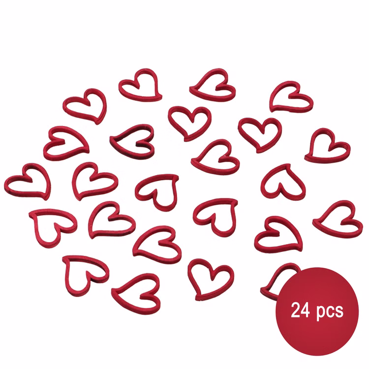 24 Holzherzen Rot 2 cm Streudeko Tischdeko Hochzeit Geburtstag Basteln Bastelbedarf Liebe Valentinstag gedeckter Tisch Bastel-Zubehör Rote Holzherzen Streudeko im Set (24 Stück), filigrane Herzformen auf weißem Hintergrund.