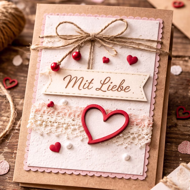 24 Holzherzen Rot 2 cm Streudeko Tischdeko Hochzeit Geburtstag Basteln Bastelbedarf Liebe Valentinstag gedeckter Tisch Bastel-Zubehör Selbstgebastelte Grußkarte mit rotem Holzherz und Schriftzug „Mit Liebe“ im Vintage-Stil.