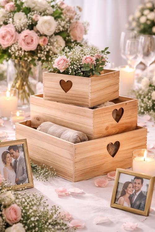 3er Set Holzkisten mit Herz 3 Größen Aufbewahrung Deko Geschenkbox Geschenkidee Hochzeit Geburtstag Basteln DIY-Geschenk Kisten zur Aufbewahrung Dekoration Deko-Kiste Holzkisten Set mit Herz als Hochzeitsdeko auf Tisch mit Blumen, Kerzen und Bilderrahmen.