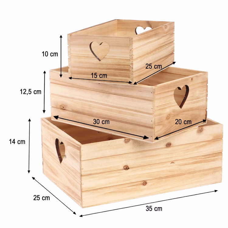 3er Set Holzkisten mit Herz 3 Größen Aufbewahrung Deko Geschenkbox Geschenkidee Hochzeit Geburtstag Basteln DIY-Geschenk Kisten zur Aufbewahrung Dekoration Deko-Kiste Holzkisten Set mit Herz, drei Größen mit eingezeichneten Maßen für Aufbewahrung und Dekoration.
