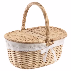 Picknickkorb aus Weide 35 cm Deko Korb Kostüm Zubehör Rotkäppchen Dekoration Haus & Garten Accessoire Weidekorb Flechtkorb Fasching Karneval Geschlossener Weidenkorb mit Deckel und Tragegriff, dekoriert mit weißer Schleife und Stofffutter.