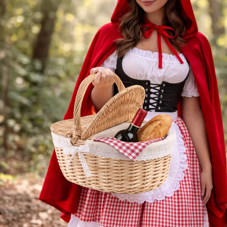 Picknickkorb aus Weide 35 cm Deko Korb Kostüm Zubehör Rotkäppchen Dekoration Haus & Garten Accessoire Weidekorb Flechtkorb Fasching Karneval Weidenkorb als Picknickkorb gefüllt mit Brot und Wein, getragen von Frau im Rotkäppchen-Kostüm.